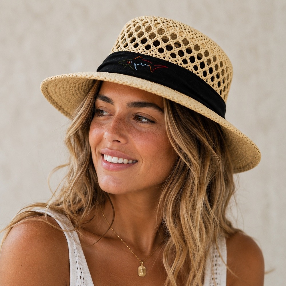 Greg Norman for Tasso Elba Straw Sun Hat Tan Black Band Shark Logo OSFA